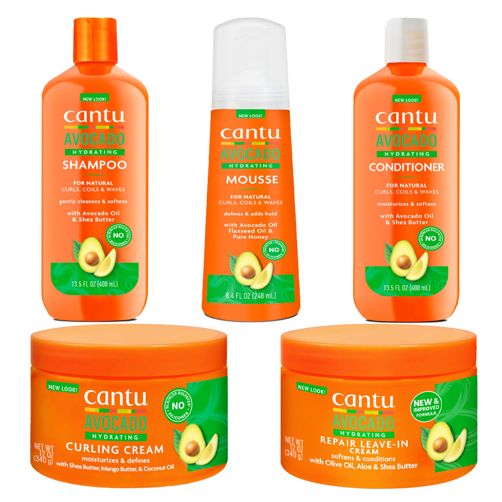 Cantu Avocado Haircare Gift Set Shampoo 13.5oz + Conditioner 1305oz + Hair Mousse 8.4oz + Curling Cream 12oz and Repair Leave in Cream 12oz
